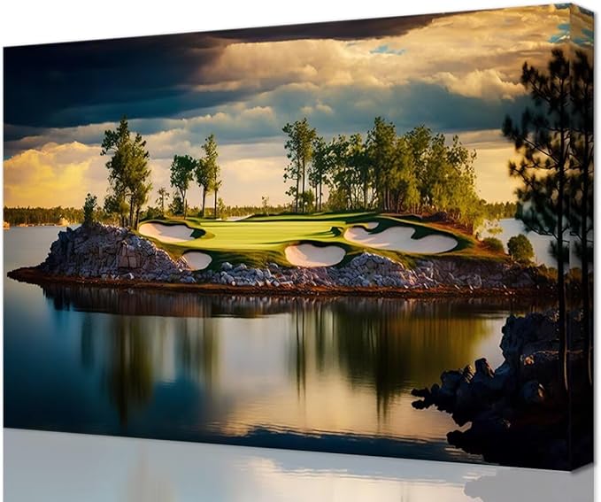 chenchenArt Sunset Landscape Golf Course Wall Art Picture Golf Course Wall Decor for Living Room Bedroom Bathroom Home Decorations Canvas Prints Framed Ready to Hang(24''H x 36''W)