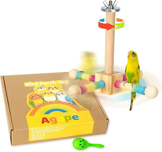Agape Bird Toy, Parrot 360° Interactive Rotating Perch, Bird Cage Accessories for Small and Medium Parrots to Expend Energy, Wooden Stand for Parakeets Cockatiels Lovebirds Conures Finches Budgies