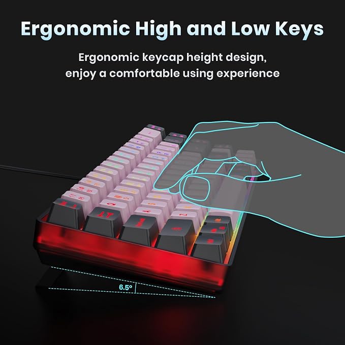 GEODMAER 65% Wired Gaming Keyboard, LED Backlit, Ultra-Compact Anti-Ghosting No-Conflict 68 Keys Membrane Gaming Wired Keyboard for PC Laptop Windows Gamer(Pink-Black)