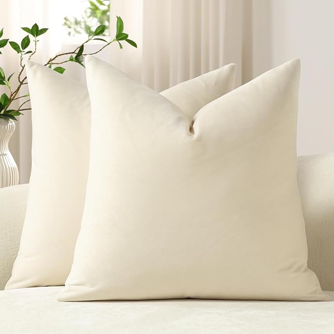 Throw Pillow Covers 18x18 Cream: Pack of 2 Cozy Soft Velvet Square Modern Luxury Decorative Throw Pillow Cases for Sofa Couch Living Room Bed Home Decor