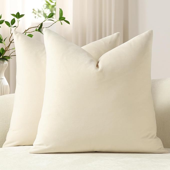 Euro Sham Covers 26x26 Cream: Pack of 2 Cozy Soft Velvet Square Modern Luxury Decorative Throw Pillow Cases for Sofa Couch Living Room Bed Home Decor