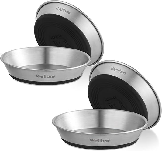 Cat Bowls, 4 Pcs Stainless Steel Pets Bowls for Food and Water, Whisker Fatigue Shallow Non-Slip Cat Dishes Plates for Small Dog Puppies Cats