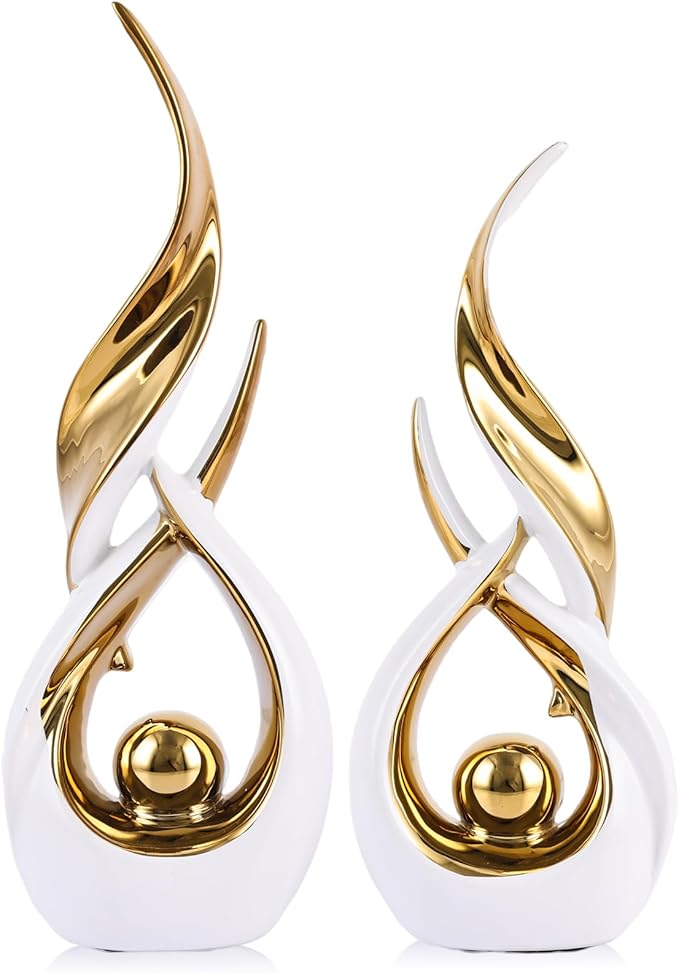 Gold Ceramic Abstract 2 Piece Statue Set,Mid Century Modern Abstract Art Home Decor Statue Mantelpiece on Unique Shelf Decor, TV Cabinet Divider Table top and Dining Table Centerpiece (White Gold)