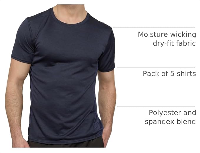 5 Pack Men's Dry Fit Short Sleeve T-Shirt Gym Workout Athletic Running Tee | Cooling, Moisture-Wicking, Crew Neck, Quick-Dry, Breathable, Active, Exercise, Fitness, Basketball, Cycling, Hiking, Tennis