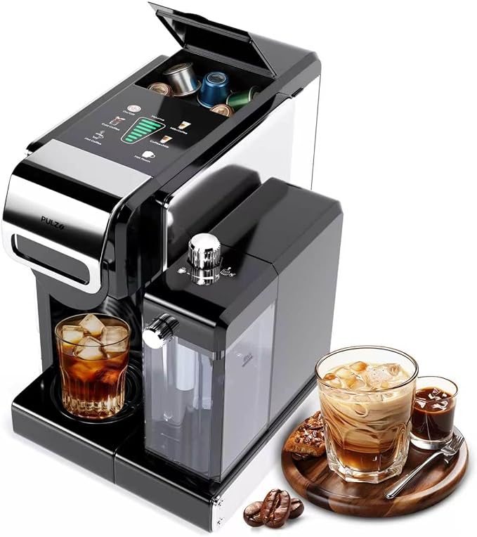 PULZO Espresso Machine with Automatic Milk Frother,capsule coffee maker | Coffee Maker,Automatic Espresso Machine for K*cup Capsule/Ne*s Original/Ground Coffee, One Touch Latte & Cappuccino