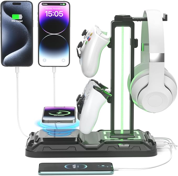 KDD Headphone & Controller Stand with Wireless Charging - Rotatable Headset Stand with 9 Light Modes - Controller Holder with 2 USB and Type C Ports - for Gamers Desktop Accessories