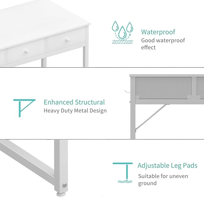 Lufeiya Small White Computer Desk with Drawers for Home Office Bedroom, 40 Inch Vanity Desk with Fabric Drawer Storage and Side Pouch, Study Writing Table, White