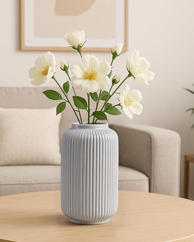 White Ceramic Vase, 8 Inch Ribbed Flower Vase for Bouquet and Pampas Grass, Modern Wide Mouth Decorative Vase for Dining Table, Kitchen Shelf, Wedding Centerpiece