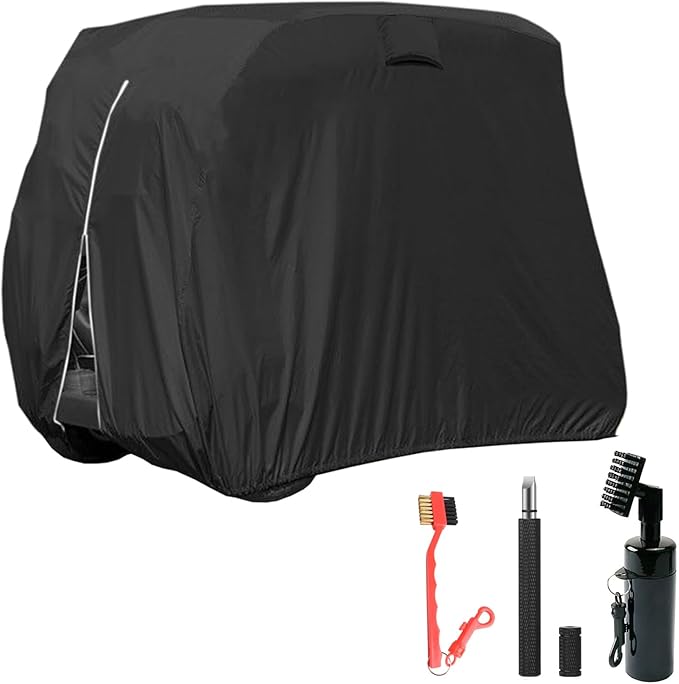 Golf Cart Cover, Samlomi 420d Golf Cart Covers 4 Passenger Fits Ezgo, Club Car, Yamaha, Waterproof Windproof Sunproof Outdoor All-Weather Polyester Full Cover with 3 Pcs Golf Club Brush