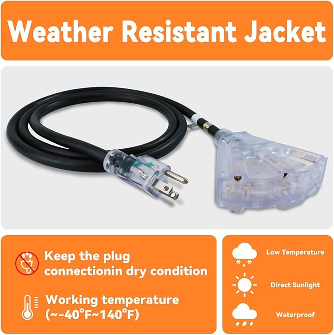 EP 30 Ft 12 Gauge Heavy Duty Extension Cord, 15A 125V 1875W, 3 Outlet Indoor/Outdoor Power Cord with Lighted End, 12/3 SJTW Weatherproof Black