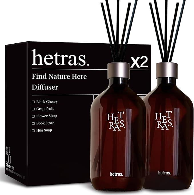 hetras Premium Reed Diffuser Set 16.9 fl.oz. 2 Pack | Black Cherry - Blackcherry Juice & Amber Scent | Long-Lasting Luxury Fragrance with 10 Reed Sticks for Home & Office | Gifts for Loved One