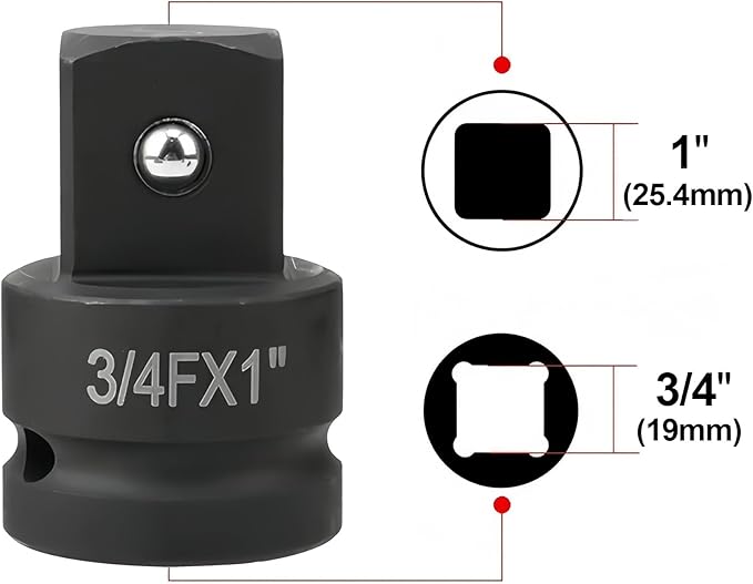 3/4" Drive (Female) x 1" (Male) Impact Socket Adapter, CR-MO Steel, Compatible with Air Impact Wrenches, Breaker Bars, Ratchets