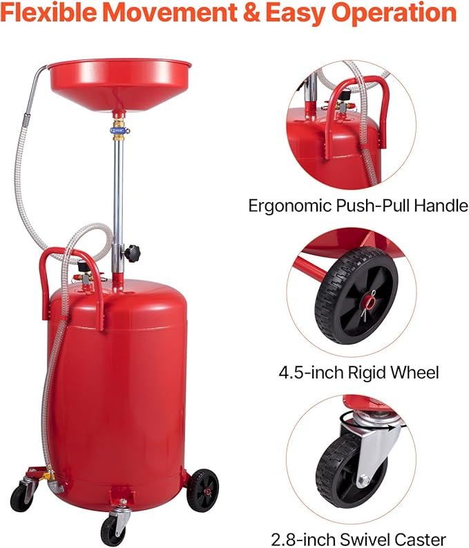 VEVOR 20-Gallon Waste Oil Drain Tank, Air Operated Portable Oil Drainer with Adjustable Funnel Height, Fluid Fuel Transfer Drainage with Wheels, Oil Change Container for Auto Repair Shops, Garages