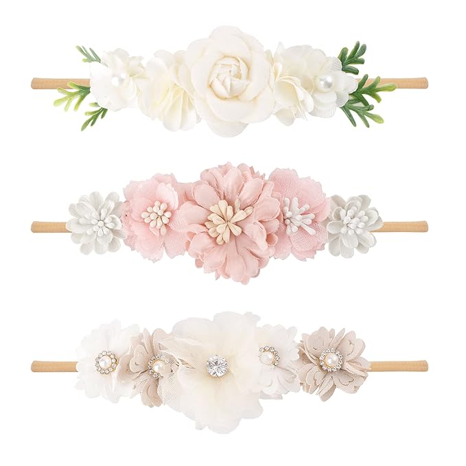cherrboll 3pcs Baby Girl Headbands Flowers, Super Soft & Stretchy Nylon Floral Hairbands for Newborn Toddler