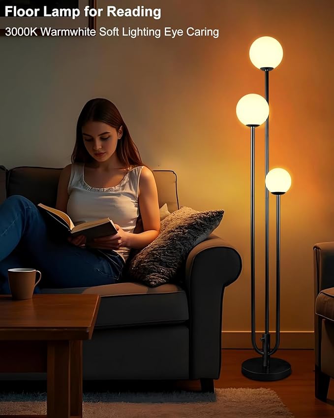 Lightdot 63IN Black Floor Lamp Dimmable with Candle Holder Style Mid Century Standing Lamps, 3000K Warm White Bulbs Included, Modern Globe Floor Lamp for Living Room/Bedroom/Sofa Beside/Corner Decor