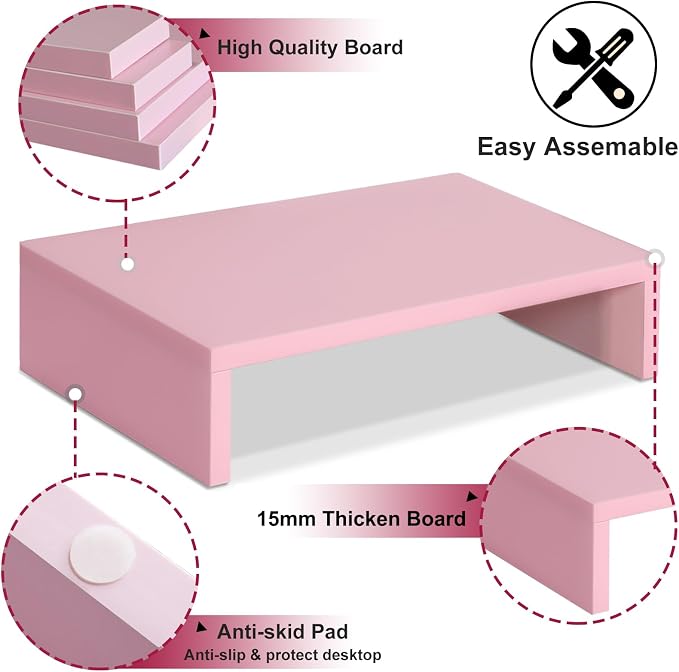 TEAMIX Pink Monitor Stand Riser, Wood Monitor Riser with Storage for Desk Small Monitor Stand TV/Screen/PC/Laptop Riser Computer Stand Desktop Shelf (Pink-14.2 inch)