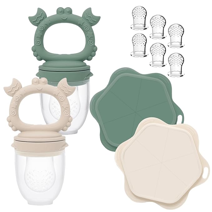 Ginbear Baby Fruit Food Feeder & Popsicle Molds Combo (Set of 2), Silicone Teething Feeders with Freezer Tray for Infants 4 Months+ (Dark Sage/Ivory)