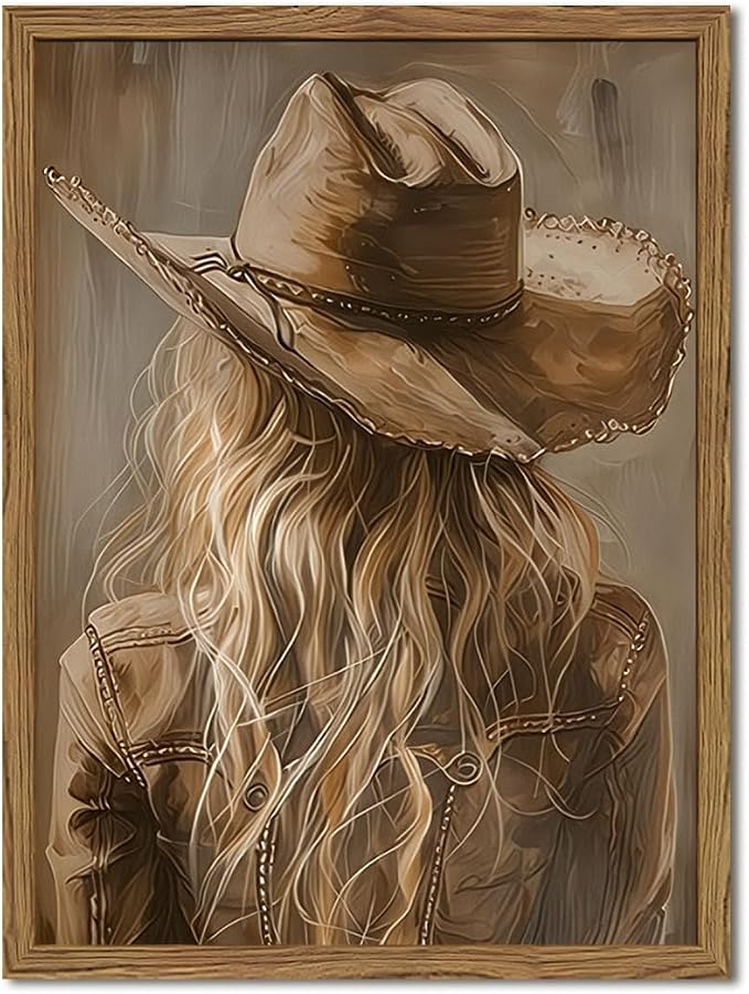 Vintage Western Cowgirl Wall Art, Country Girl Cowboy Wall Decor Painting, Girly Southwestern Poster Canvas Prints for Living Room Bedroom Farmhouse 12x16 inch Wood Framed
