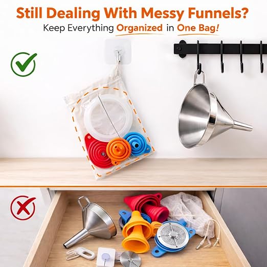 No-Spill Funnel Set with Strainer for Hot Oil,3 Collapsible Silicone Funnels & 1 Stainless Steel Funnel,Food Grade,with Brush,Hook & Storage Bag for Filling Bottles,Liquids,Dry Ingredients