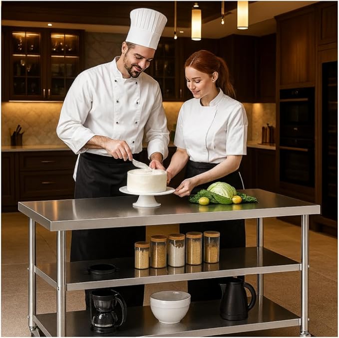 Stainless Steel Table with Wheels for Food Preparation and Work, Multi-Size Optional, Three-Layer Variable Two-Layer Metal Commercial Workbench Outdoor, Restaurant, Kitchen (60" Lx32 Wx34 H)