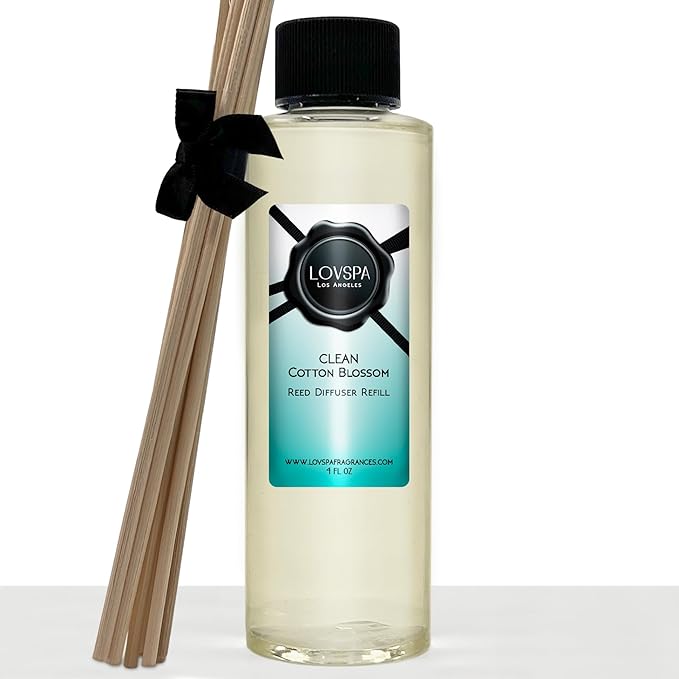 LOVSPA Clean Cotton Blossom Diffuser Oil - Luxury Essential Oils for Diffuser Refill & Air Freshener Room Spray - Long-Lasting & Natural Home Fragrance, Scented Oil for Diffusers, USA Made, 4oz