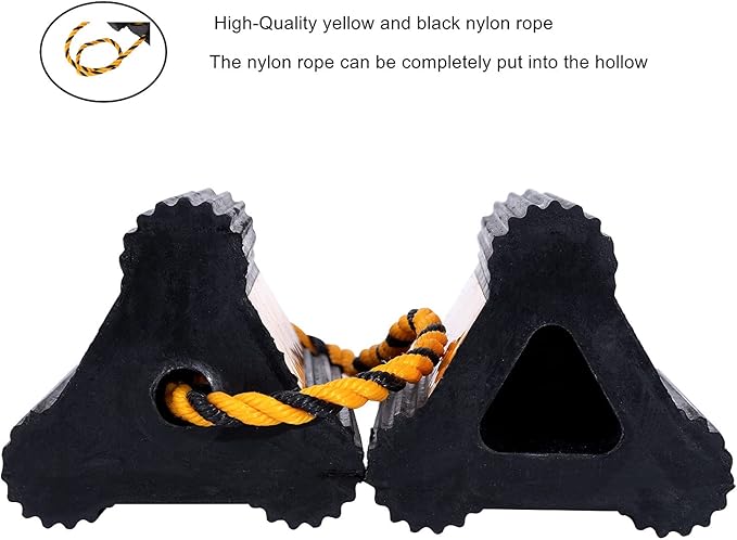 Wheel Chock Heavy Duty Rubber Trailer Wheel Chocks with Yellow Reflective Visibility Tape and Yellow Nylon Rope for Concrete Slopes or Ground Leveling (4 Pack)