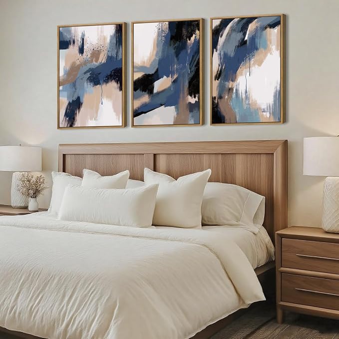 Extra Large Blue Neutral Wall Art Decor Modern Abstract Wall Painting Framed Artwork for Living Room Bedroom Office 24x36 Inch Set of 3