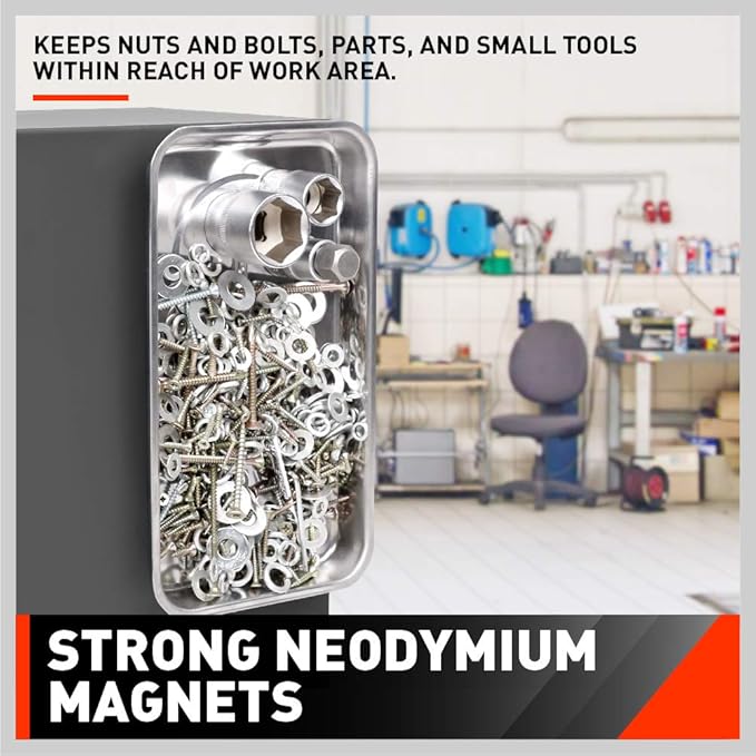 HORUSDY 4-Piece Large Magnetic Parts Tray Set, Stainless Steel Heavy Duty 9.5" W x 5.5''L Square and 4.5" Round Magnetic Trays Tools Parts Tray (Pack of 2)