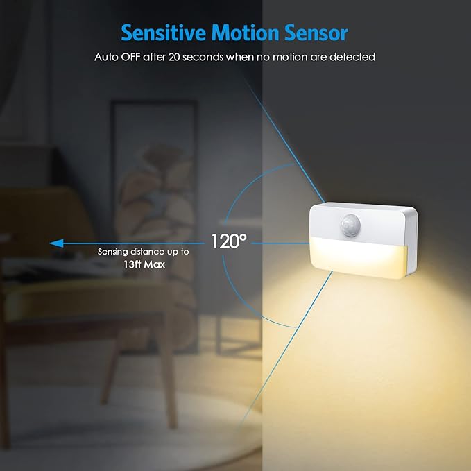 6 Pack Motion Sensor Stair Lights for Indoor, Battery-Operated LED Night Light, 40 Lumen 3000K, Cordless Closet Light, Safe Lights for Stairs, Hallway, Bathroom, Bedroom,Kitchen, Cabinet