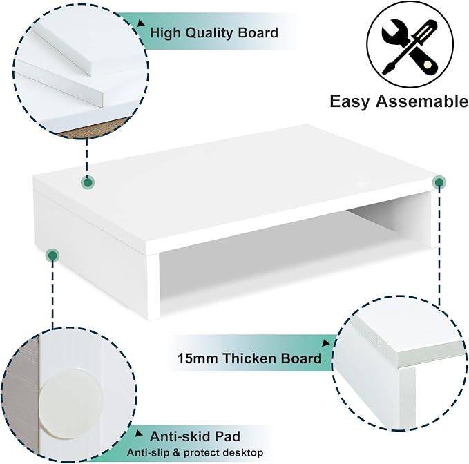 TEAMIX 14.2 inch White Monitor Stand Riser, Wood Monitor Riser with Storage for Desk Small Monitor Stand TV/Screen/PC/Laptop Riser Computer Stand Desktop Shelf (White-14.2 inch)