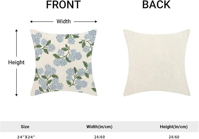 AEIOAE Spring Pillow Covers 24x24 Inch Set of 2, Green Blue Hydrangea Flower Throw Pillows Case,Floral Summer Outdoor Seasonal Decorative Farmhouse Decor Cushion Covers for Home Sofa Bed Couch