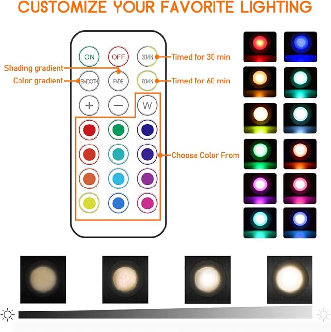 LED Puck Lights - 13 Color RGB, Wireless Remote Control, Battery Powered, Perfect for Under Cabinet & Counter