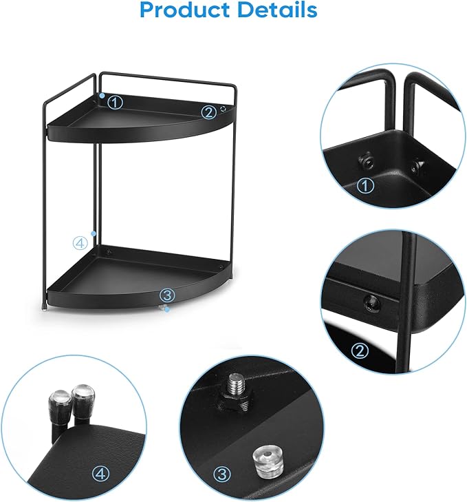 2 Tier Corner Shelf Rack Kitchen Counter Cabinet Bathroom Organizer Makeup Cosmetic countertop Organization and Storage Under Sink Organizers Perfume Trays for Dresser Black