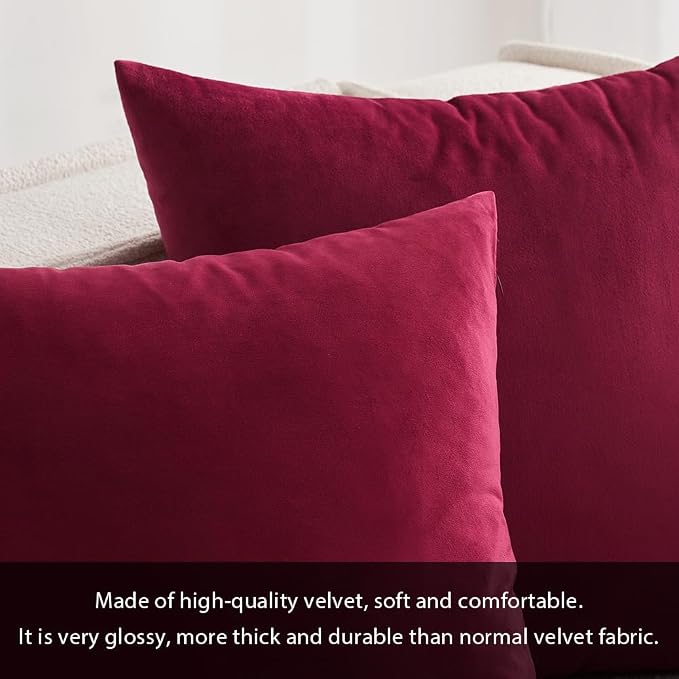 MIULEE Velvet Throw Pillow Covers 18x18 Inch Pack of 2 Wine Red | Soft Solid Decorative Pillow Covers, Modern Luxury Home Decor, for Couch Chair Sofa Bedroom Livingroom