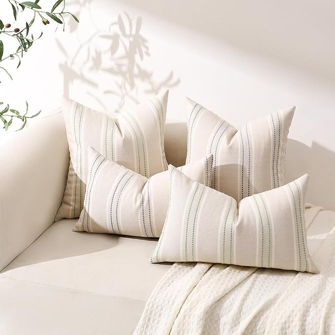 Hckot Stripe Throw Pillow Covers 16x16 Set of 2 Light Green Pillow Covers | Farmhouse Decorative Pillows Textured Linen Square Cushion Covers for Sofa Couch Bed Living Room Decor