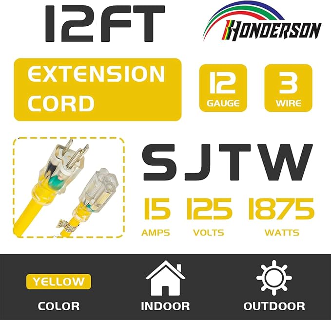Indoor Outdoor Extension Cord Weatherproof with Lighted End, UL Certified, 12 Gauge 12FT Yellow 3 Prong Heavy Duty, 12/3 SJTW 15A Power Cord for Outdoor Lights, Lawn