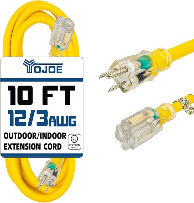 YOJOE Indoor Outdoor Extension Cord with Lighted End, 3 Prong 15A Weatherproof Power Cord, 12 Gauge Heavy Duty 10 ft Yellow Extension Cord for Garage, Garden and Home, 12/3 SJTW UL Listed
