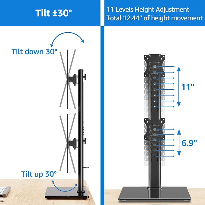 MOUNTUP Vertical Dual Monitor Stand, Stack Two Screens up to 32 inches,33 Lbs, Free-Standing Monitor Desk Mount, Monitor Riser with Swivel, Tilt, Height Adjustable, VESA Stand 100 x 100mm, 75 x 75mm