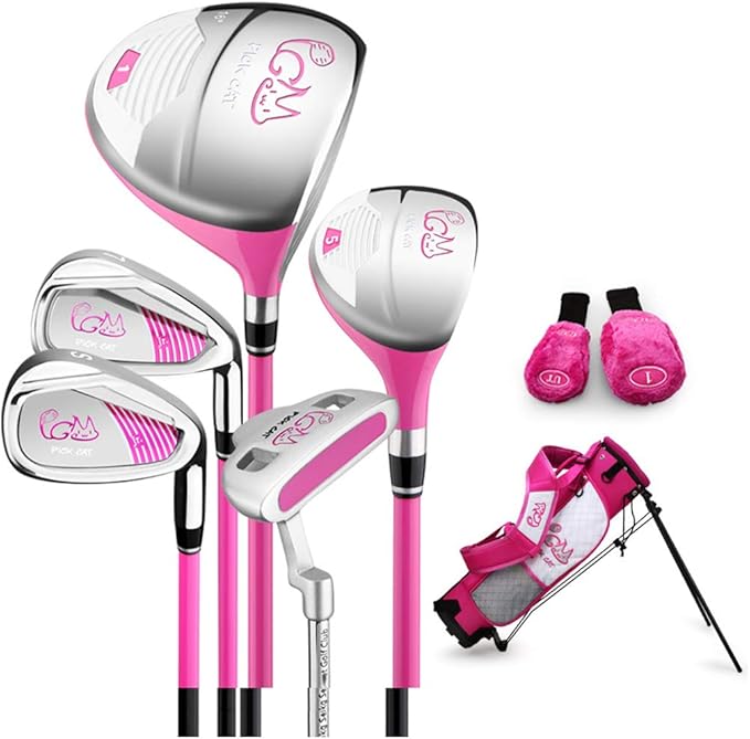 PGM Junior Golf Club Complete Set for Children Kids, 5 Golf Clubs with Stand Bag and 2 Headcovers for Boys & Girls, Right Hand