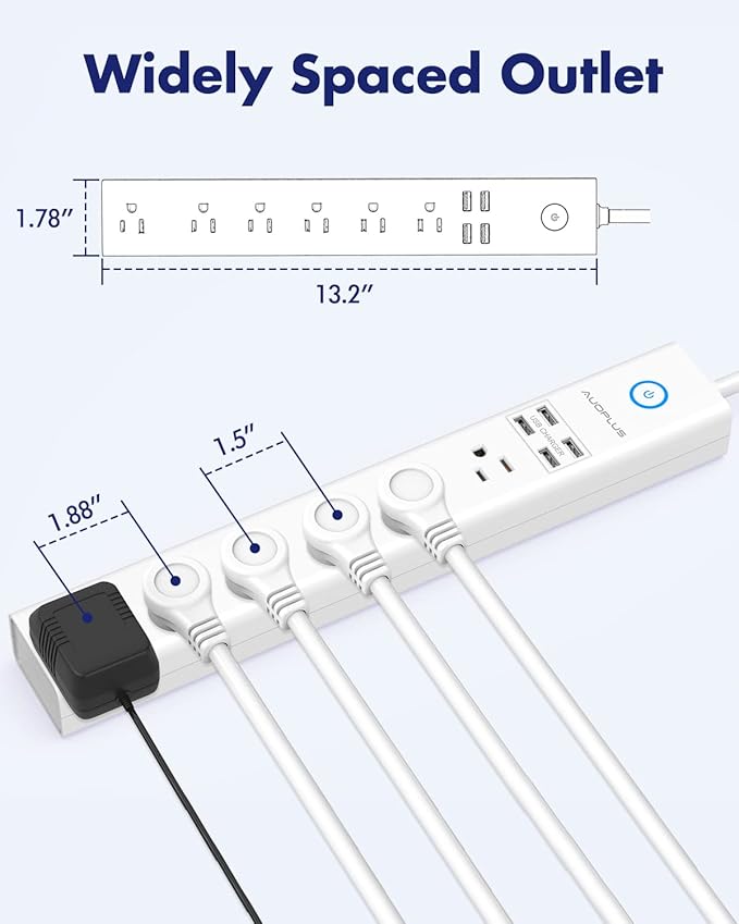 Power Strip 10Ft - Surge Protector with USB, AUOPLUS 6 Outlet and 4 USB Charger, 10Ft Long Extension Cord Flat Plug(1250W/10A/2100J), Wall Mountable Overload Protection for Computer Home Office Dorm