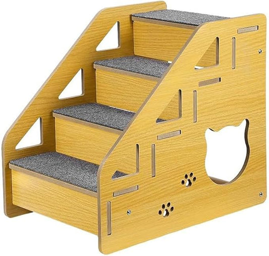 4-Step Wooden Pet Stairs Nonslip Carpeted Indoor Pet Steps Wooden Pet Ladder Pet Furniture for Dogs and Cats for Bed