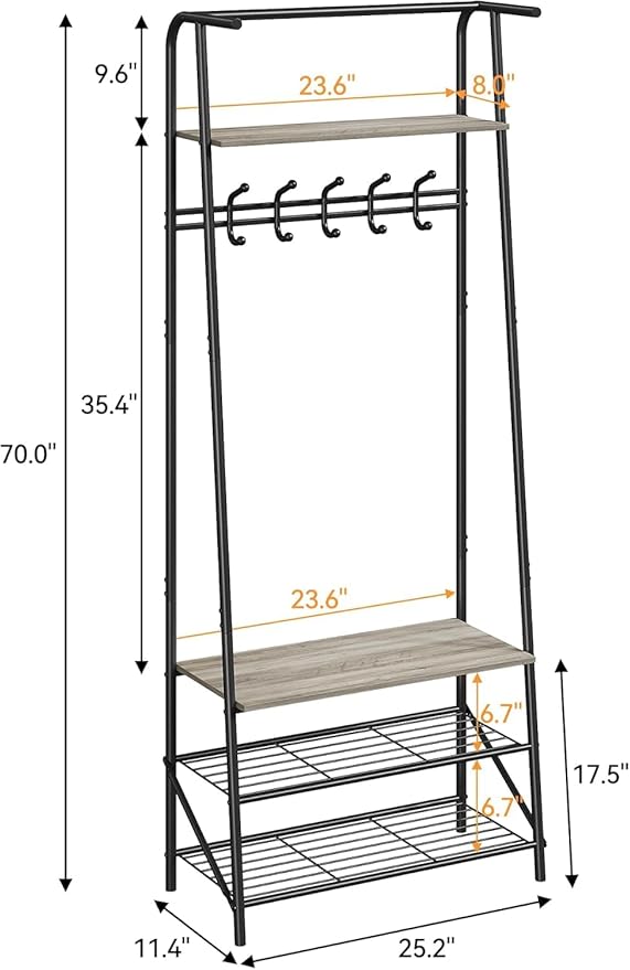 Hall Tree, Entryway Hall Tree with Shoe Rack, Coat Rack with Shoe Rack and Hooks, 25” Freestanding Metal Entryway Organizer with 4-Tier Storage Shelves for Hallway, Bathroom, Small Spaces