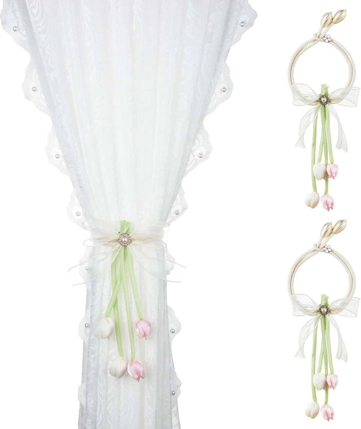 SUQ I OME 1 Pair of 100% Handmade Tulip Flower Curtain Tiebacks with Bowknot,Curtain Ties,Curtain Holdbacks,Pink