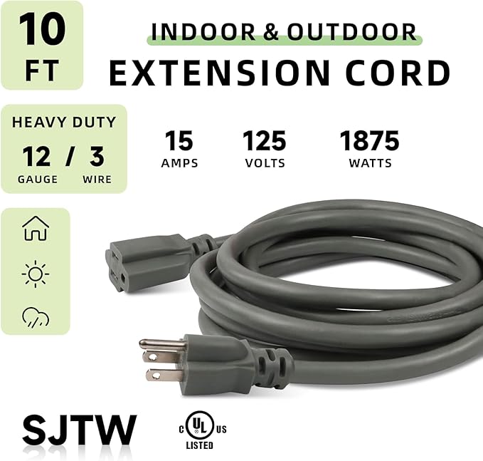 EP 12/3 10 FT Indoor Outdoor Grey Extension Cord Waterproof, 12 Gauge 3 Prong Power Cord Flexible Resistant Appliance Extension Cable Electric Cable Outside, 15A 1875W 12AWG SJTW, ETL Listed