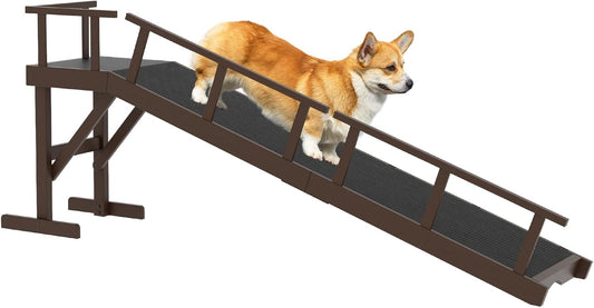 73" Dog Ramp for Bed, Pet Ramp with Removable Side Rail and Non-Slip Surface, Pet Ramp for Small & Large & Senior Dogs with Rest Platform and DIY Glow Strips,Dog Stairs for Couch, Brown
