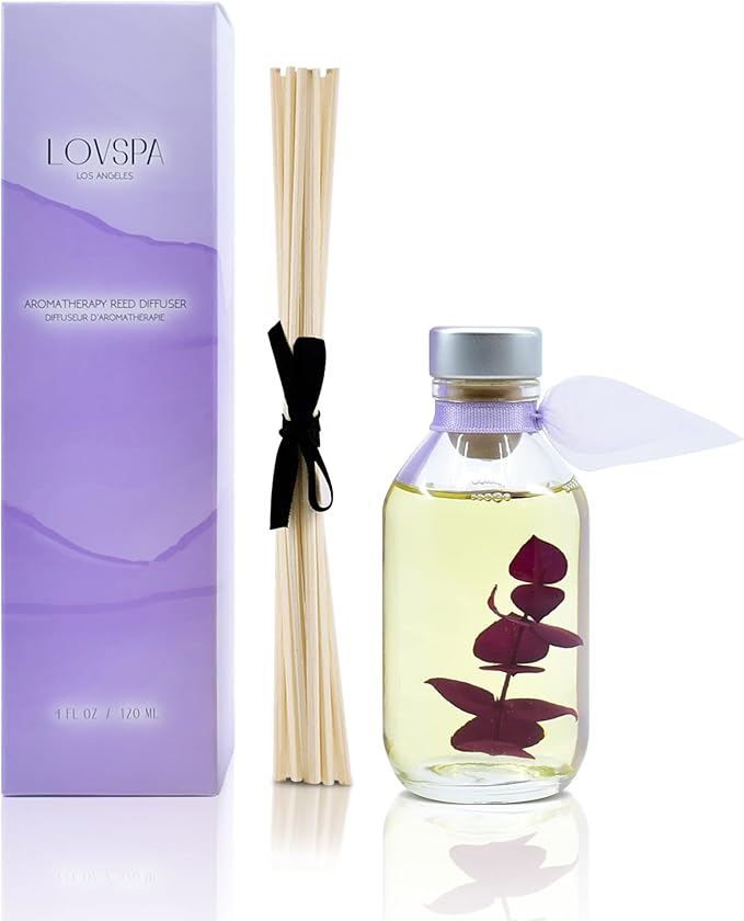 LOVSPA Reed Diffuser Set, DE-Stress Lavender Eucalyptus Scented Oil Diffuser with Sticks, Home Fragrance Accessories for Bathroom Shelf Decor, Aroma Diffusers for Home or Office Desk, USA Made