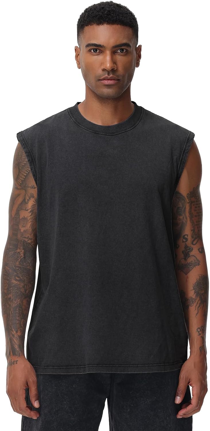 Skiennix Men's Workout Tank Tops - Sleeveless Muscle Tee for Gym & Running | Acid Wash, Loose Fit
