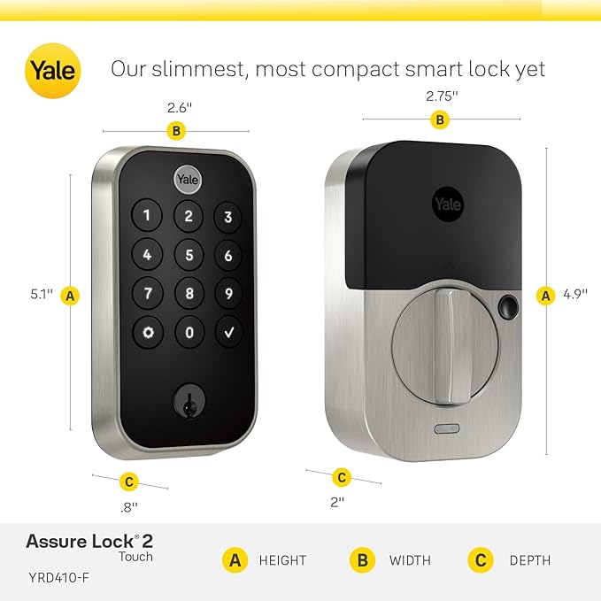 Yale Security Assure Lock 2 Touch Deadbolt, Satin Nickel Keyed Smart Entry Door Lock with Wi-Fi Connected Keypad and Fingerprint Scanner for Code Entry and Remote Access, YRD410-F-WF1-619