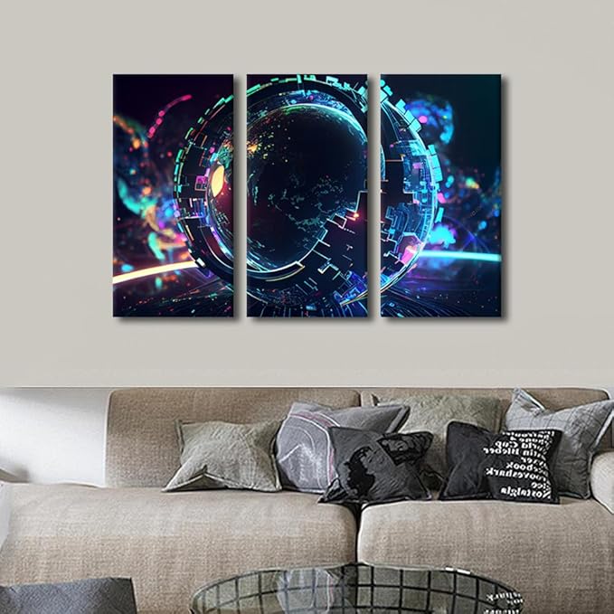 TUMOVO 3 Panel Digital World Wall Art Future Energy Power Technology and Internet Connection Concept Pictures Print on Canvas for Home Wall Decoration, Framed Ready to Hang, 36" Wx24 H