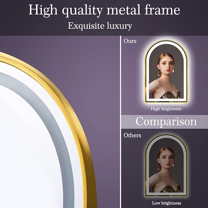 24 x 36 Inch Gold Arch LED Mirror for Bathroom Salon Wall Makeup Table Desk 36 Inch Arch Lighted Vanity Mirror with Lights 3 Color Dimmable AntiFog Gold Frame LED Arched Mirrors with Lights